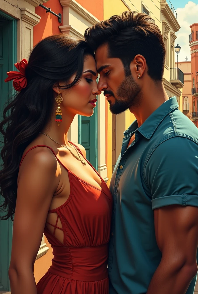 (seductive) a close up of a man kissing a girl in a sleeveless saree, man is half nude, ((red lips, bright eyes, curve heir 1.5)), ((beautiful details very big breast )), (Straight round and ultra huge clevage, not sagging breast), A glorious gorgeous, glorious gorgeous face, pretty face, bright eyes, modern sexy dress, updo elegant hair, blurred gray tones background, ultra focus, face ilumined, face detailed, 8k resolution, painted, dry brush, brush strokes, razumov style and garmash style, by Tokaito, ((Full Open )), full body, sexy open thin belly, night blue ambience