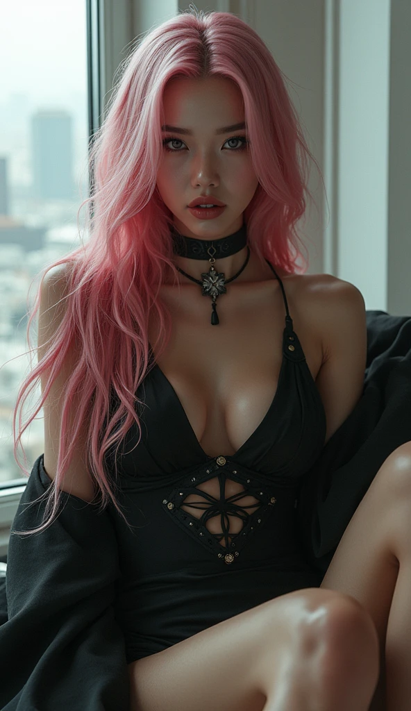 20yo woman, chinese, dark_skin, bangs, white and pink hair, long hair, BREAK purple sexy dress, BREAK sitting in front of gaming desk, PC monitor, rim light, against dark room, half pink and blue light, calm lighting, Nikon D7500, close up shot