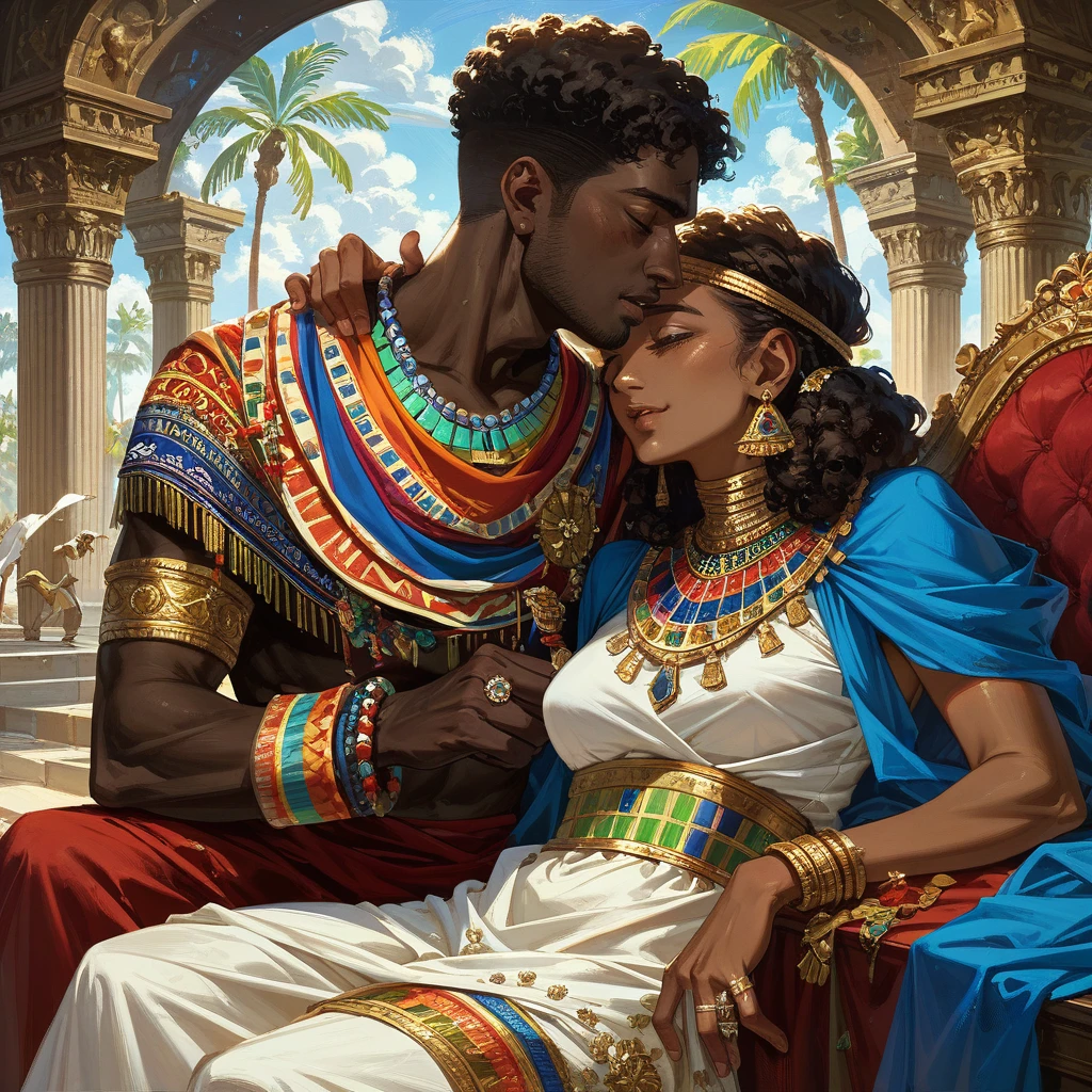 Random shot, (dark skin:1.3) man and woman dressed in Egyptian costumes, dark skin female thicc, royalty, kemetic, (Nubian male:1.3) (long woven dreadlocks) (muscular:1.1), egyptian Versace robe, (artgerm:1.2) Delightful anatomy, Highly (dynamic:1.2), (fantastic perfect art, 64k ultra hd:1.1), (art by apterus, art by dean Cornwell:1.2), kissing in (palace:1.3)