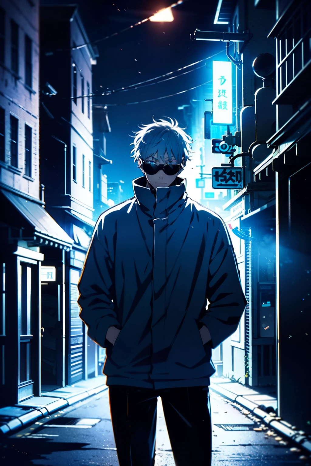 a striking, epic composition of a deserted city street in japan at night, with a lone male figure in the center, gojo satoru, wearing round eyewear and a black jacket, his hands in his pockets, and a blindfold covering his eyes, the background illuminated by flashing red and blue lights, creating a moody and cinematic atmosphere, masterfully rendered in 8k resolution, with supreme attention to detail, vivid colors, and stunning studio soft lighting, a high-quality, award-winning illustration with a sense of mystery and power, gojo's aura and magical presence commanding the viewer's attention