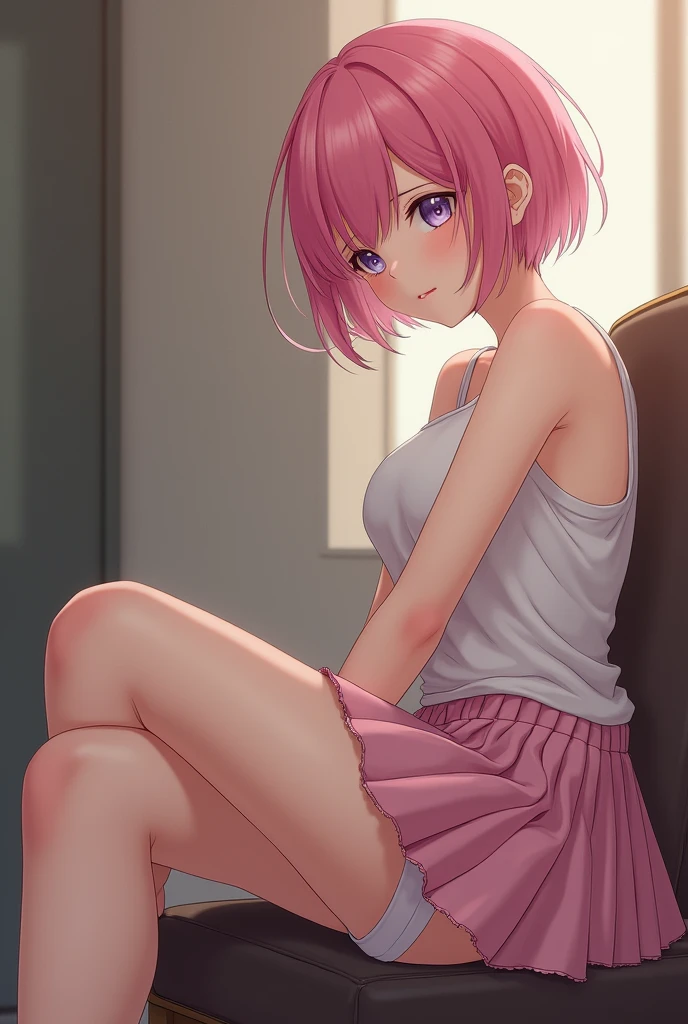 A slim girl sitting on a chair with short pink skirt and her panties are coming out from her skirt
