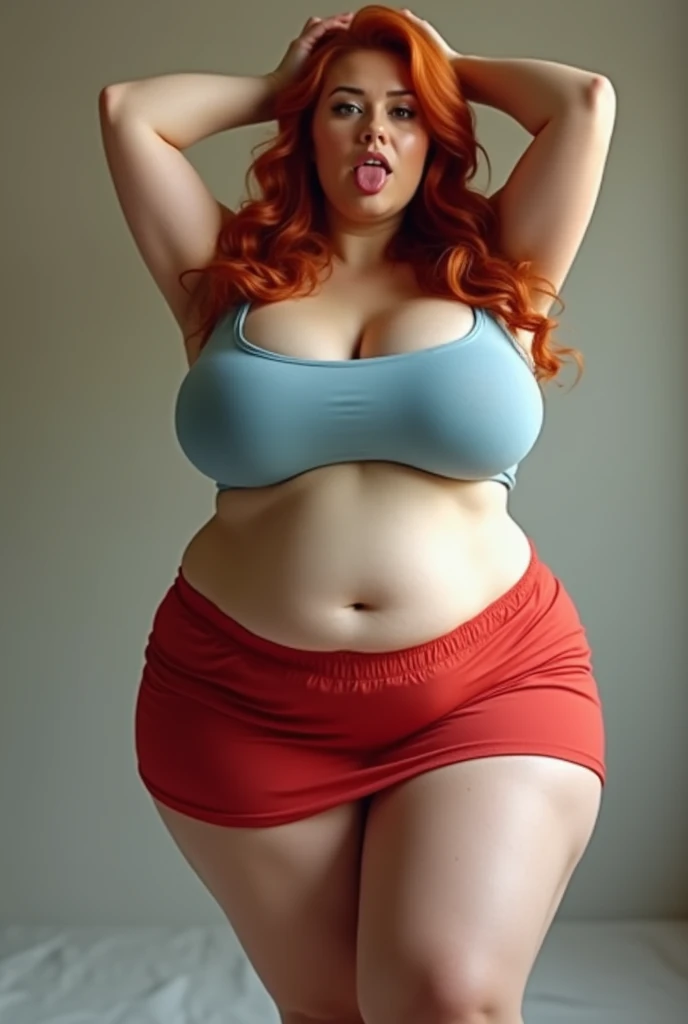 fat woman at 20 years old nude at the bed, open legs, pubic hair, redhead, beautiful face, perfect eyes