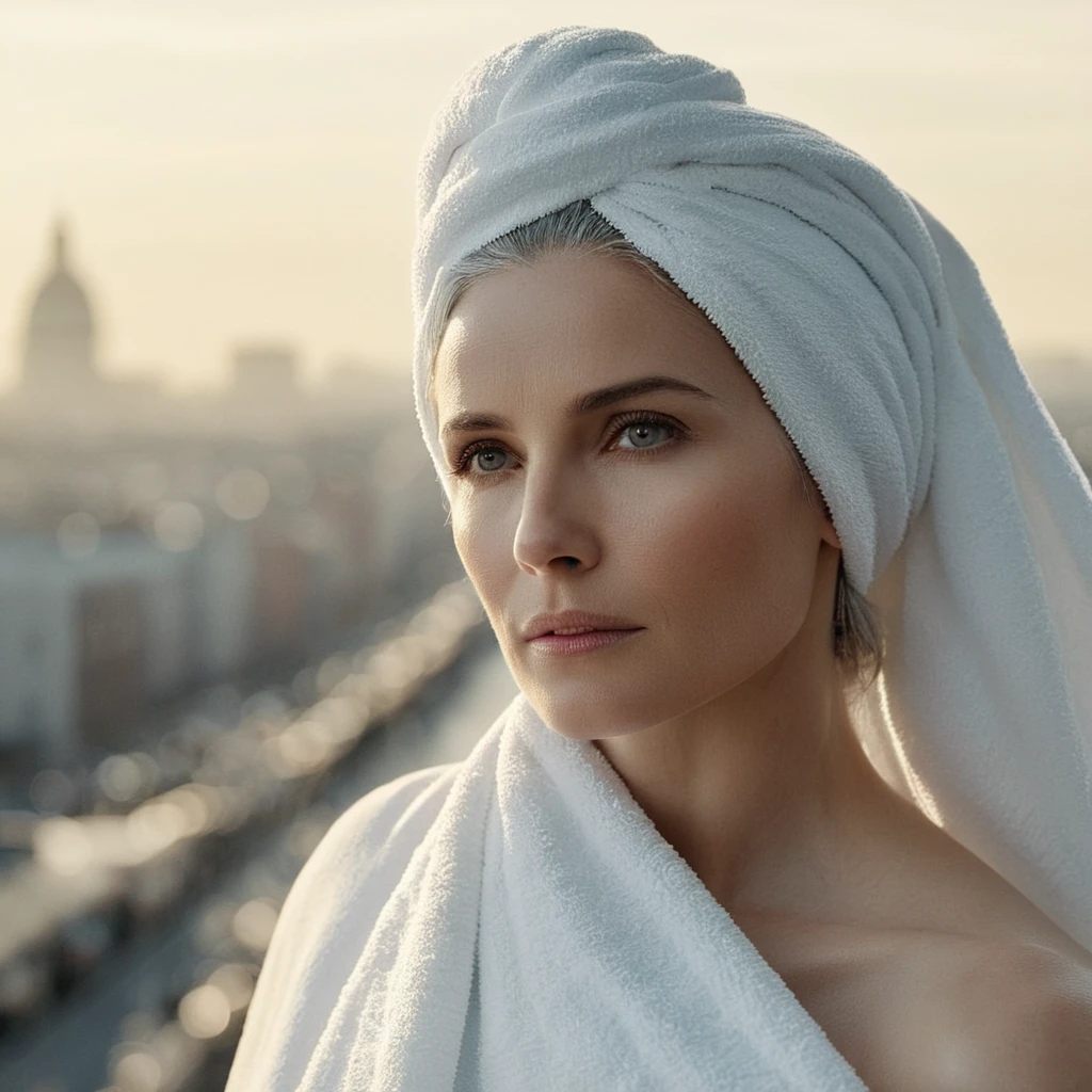 cinematic film still of bright light, bright, a woman with a white towel on her head High-key lighting Style, 1girl, solo,long hair,gray hair, elder, 50 years old, looking at v iewer, city background, city background,bare shoulder s,white hair,lips,makeup,pale skin,realistic,white them e, shallow depth of field, vignette, highly detailed, high budget, bokeh, cinemascope, moody, epic, gorgeous, film grain, grainy
