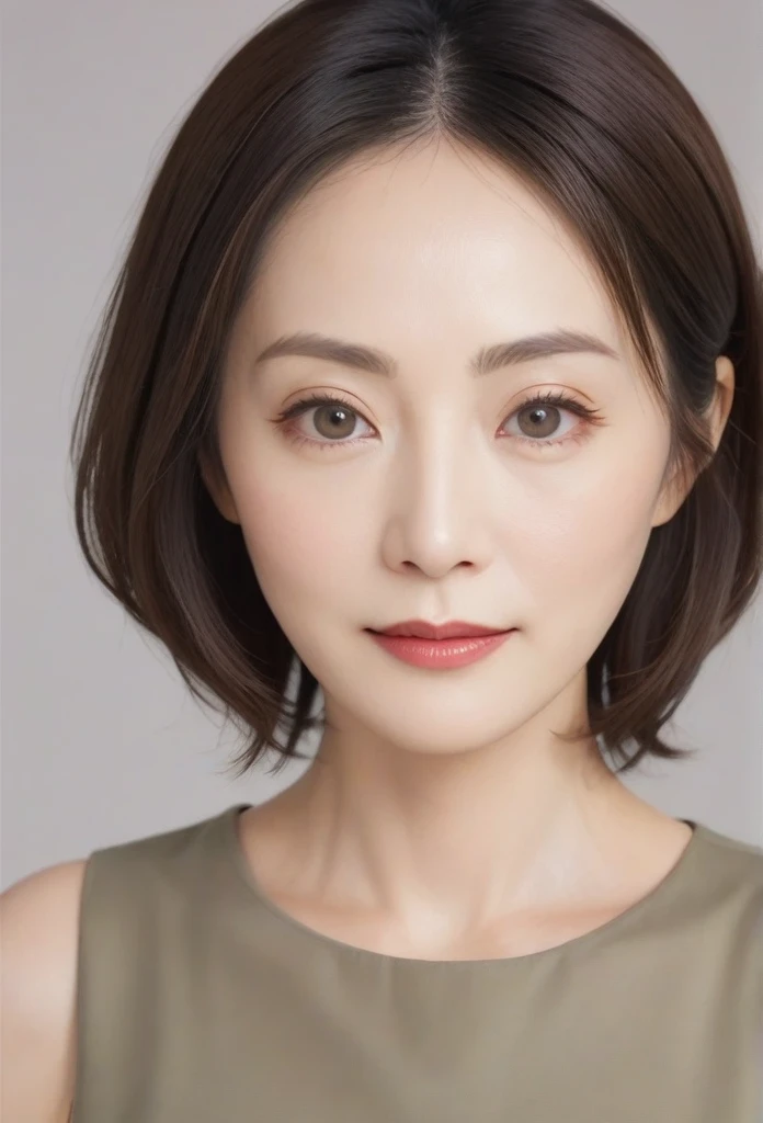 High resolution, Shortcuts, Mature Woman,((Center Parting)),50-year-old women,masterpiece, Highest quality, Ultra high definition, Textured skin, Droopy eyes,Thin lips,black eye,((Mole under left lip)),Thin eyebrows,Thin eyebrows,Japan female in her 60s,Narrow forehead,((Too thin,Too thin eyebrows)),Loose jaw,Low Nose,Deep-set eyelids,Amazing droopy eyes