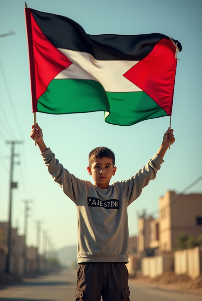An  holding a Palestine flag and there are destroyed houses and bombs in the background