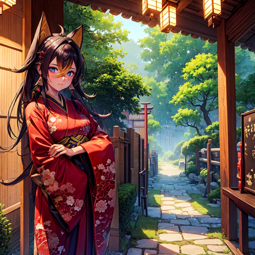 wearing a long Japanese kimono, at japan village , dehya's ears, high quality, high detailed, 8k,