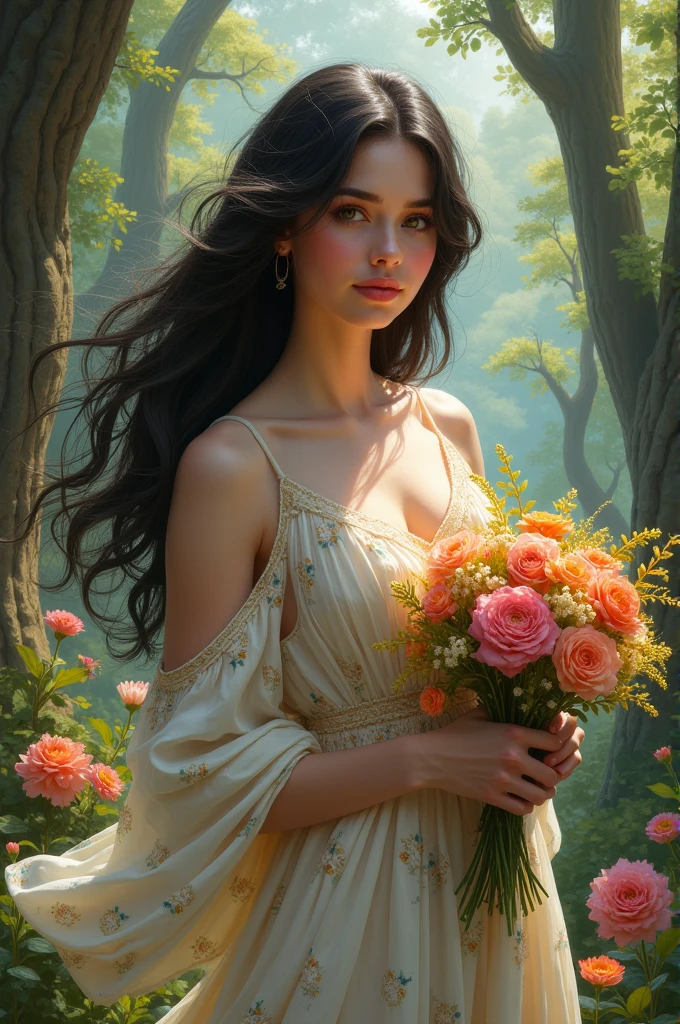 In this high-quality artwork, a girl with beautiful eyes and detailed lips is the main subject.  She is immersed in a scene she is sitting in the chair.  The artwork is created with a combination of illustration and oil painting techniques, resulting in a rich, textured visual experience.

  The chair is set in a square in various colors including roses, lilies and tulips.  Sunlight shines through the leaves, casting a warm, soft glow on the girl's face.  The girl wears a flowing dress, adorned with floral motifs that blend perfectly with the surrounding nature.  Her long lashes add a charming touch to her already mesmerizing appearance.

  With the best quality 4K resolution, this masterpiece is portrayed with ultra-detailed precision.  Every petal, every leaf, and every strand of hair is meticulously rendered to create a realistic, photorealistic portrait.  The vibrant colors of the flowers and the girl's dress stand out against the lush green foliage, creating a visually striking contrast.

  The artwork is imbued with a sense of serenity and tranquility, inviting the viewer to immerse themselves in the beauty of nature.  The lighting has been expertly crafted to create a soft, welcoming ambience, accentuating the peaceful atmosphere of the garden.  The subtle play of light and shadow adds depth and dimension to the overall composition.

  In terms of artistic style, this work combines elements of portraits and landscapes.  It captures the essence of the girl's personality and intertwines it with the natural beauty of the garden.  Colors are carefully selected to create a harmonious color palette that enhances the overall mood of the artwork.  Color tones tend toward warm, earthy tones, evoking a feeling of comfort and joy.

  In short, this high-quality artwork features a girl with beautiful eyes and detailed lips in a vibrant park bench sitting scene.  Created using a combination of illustration and oil painting techniques, the work features ultra-detailed prec