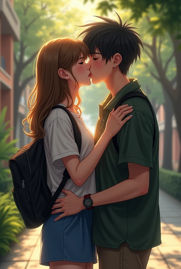 A boy and a girl with a relationship in the school seating on a bench and students are walking and the boy and girl holding their hands and kissing each other eyes are close