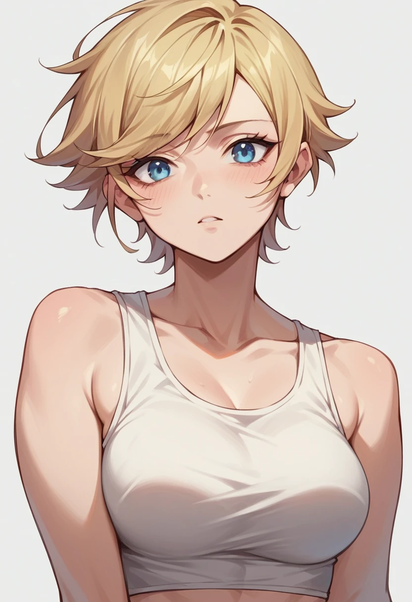 leone, pink short hair, blue eyes, swept bangs, sidelocks, short hair,
leone, blonde hair, wear white tank top, crop top, g cup breast, no scraf, pink short hair 