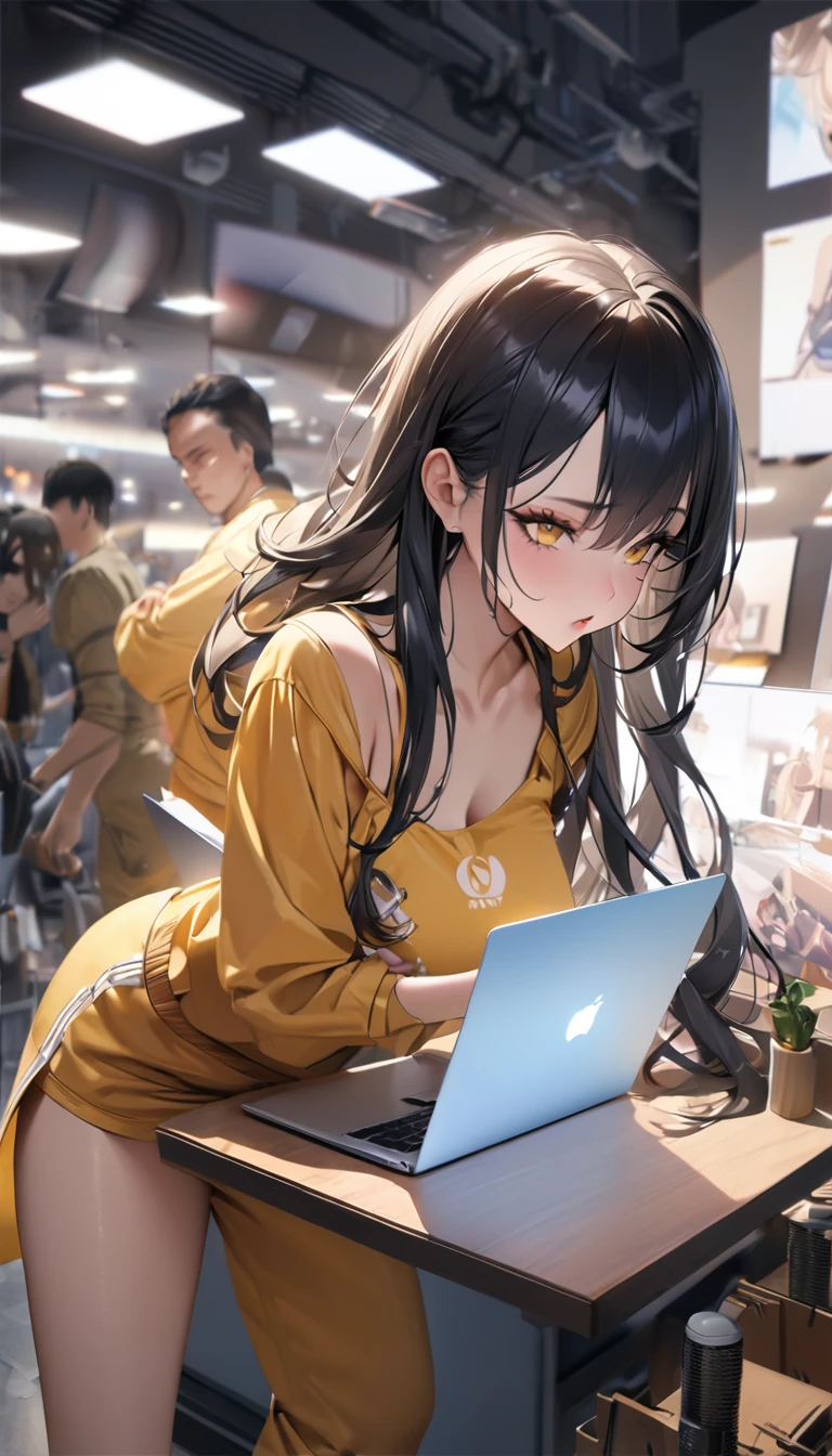 (masterpiece, highest quality, Highest image quality, High resolution, photorealistic, Raw photo, 8k:1.27)), (Extremely detailed CG unified 8k wallpaper:1.27), 1 girl, engineer, (She is wearing a yellow and navy jumpsuit, She is wearing a camisole with the "Macintosh" logo printed on the inner layer:1.57), (looking at viewer:1.32), large breasts,  big ass, juicy lips, big lips, massive lashes, long black hair, twin tails, hair down, she is operating a macbook, she is standing, dynamic posing, She sells MacBooks to customers