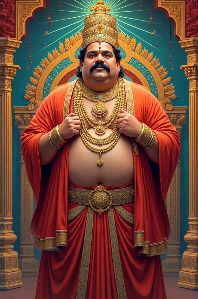 Create a vibrant and traditional depiction of Maveli, the legendary king from Kerala's Onam festival. Maveli is portrayed as a regal and benevolent figure, dressed in ornate, traditional attire, including a richly embroidered dhoti, a golden crown, and intricate jewelry. He should have a majestic presence, with a warm and welcoming expression. A fat guy with a moustache. He has no beard