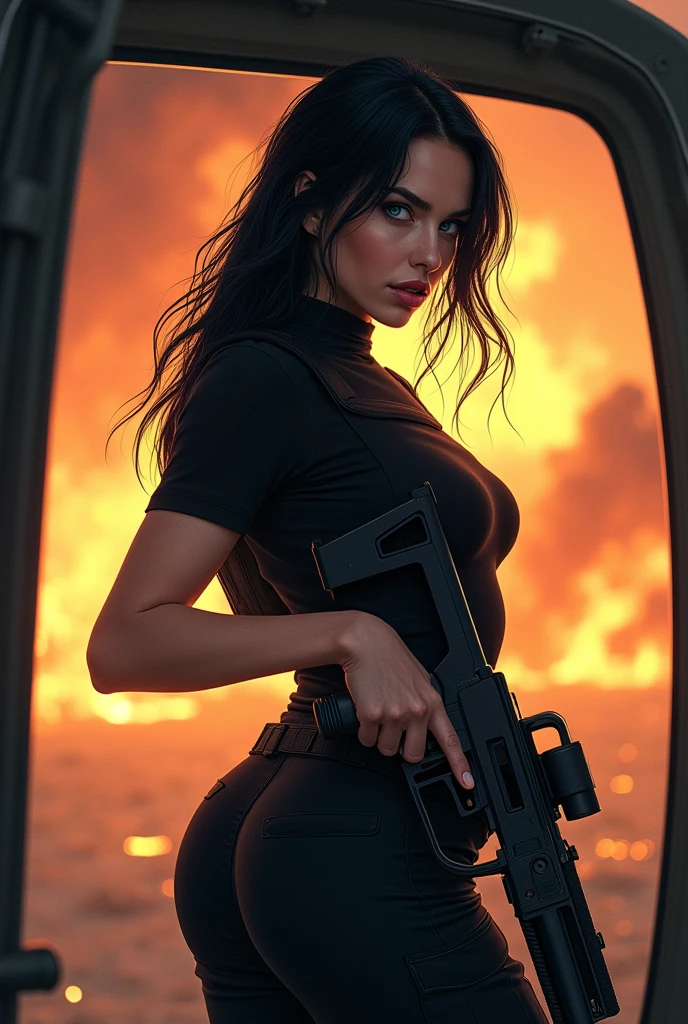 (best quality,highres,masterpiece:1.2),ultra-detailed,realistic,spy sexy beautiful girl, black shinny slip body suit,((shortgun in hand:1.2)),(open v chest clothes:1.2), ((red color shinny thigh-high shorts:1.2)),(big boobs), war background,professional,physically-based rendering,vivid colors,sharp focus,detailed facial features,expressive eyes,elegant pose,dynamism,atmospheric lighting,explosions,smoke,action-packed,high-intensity,adrenaline-fueled,bullet shells,powerful stance,secret agent,stealthy,confident presence,grim determination,dangerous mission,secrets,espionage,nighttime,laser sights,adventure,thrilling suspense,lethal weapons,intense combat scene, sexy, very sexy, nsfw, V cut clothes, big boob
