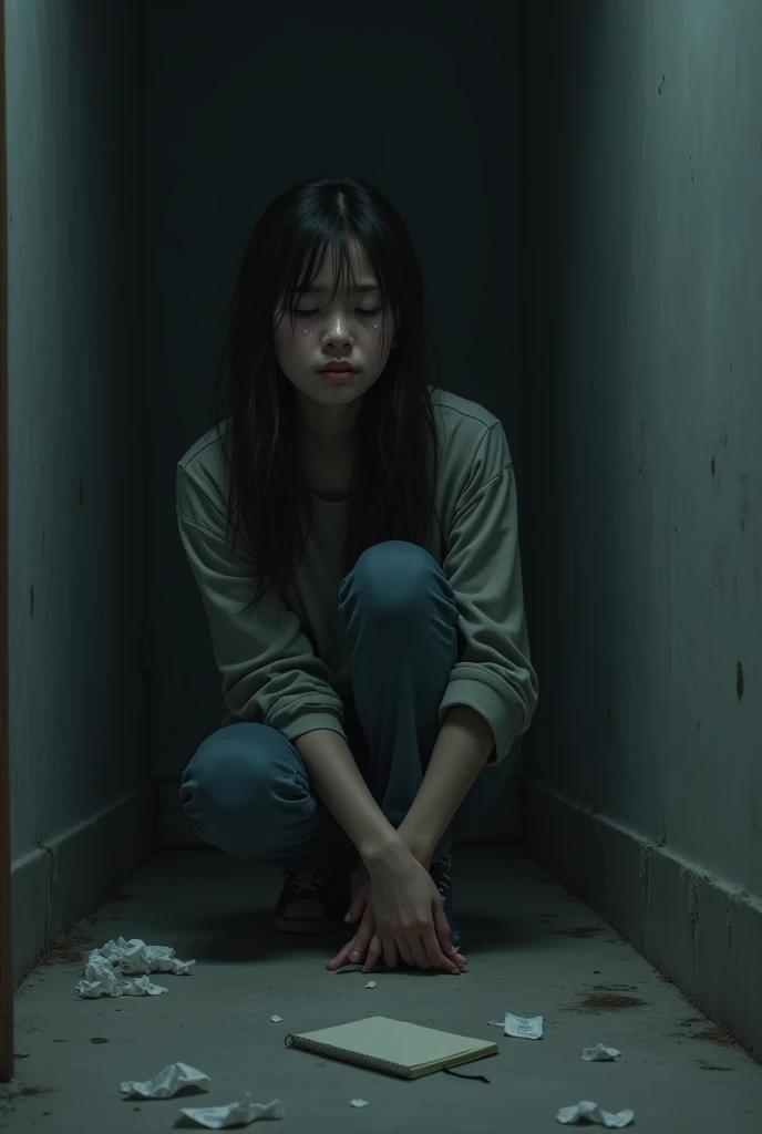 (highy detailed，8k，poster for，动态照明，Very detailed faces，There are teardrops，Sad eyes)Torn lonely crying girl with short dark hair，Spread over her pale cheeks。Her eyes shone with tears of sadness，There is a faint red tide on his cheeks。Her lips trembled slightly，It conveys inner pain。She wore a shabby gray sweatshirt，There are several yellowed smudges on the cuffs，Reveal the trajectory of time。Her pants fadedFrom dark blue to pale and weak gray。There are some holes in thetrouser legs，It seems to have experienced endless wandering and frictionThe surroundings are bleak anddeserted，Echoing her emotions。A torn poster hangs on the faded wall，Showing the glory of the past。There was only one dim light in the room，Cast a faint glow，illuminates her brief sanctuary。There was a damp and musty smell in the room，Reflecting the sense of decay in her heart。Outside the window came the sound of the wind blowing through the leaves，With a hint of sadness and desolation。The girl sat alone in a shabby chair，Hold your face in your hands，Try your best to suppress cries of sadness。Her eyes were confused，As if lost in endless darkness，Looking for a glimmer of hope。She is a tearing lonely crying girl，Her appearance、Makeup、Both clothing and environmental details highlight her inner pain and helplessness。