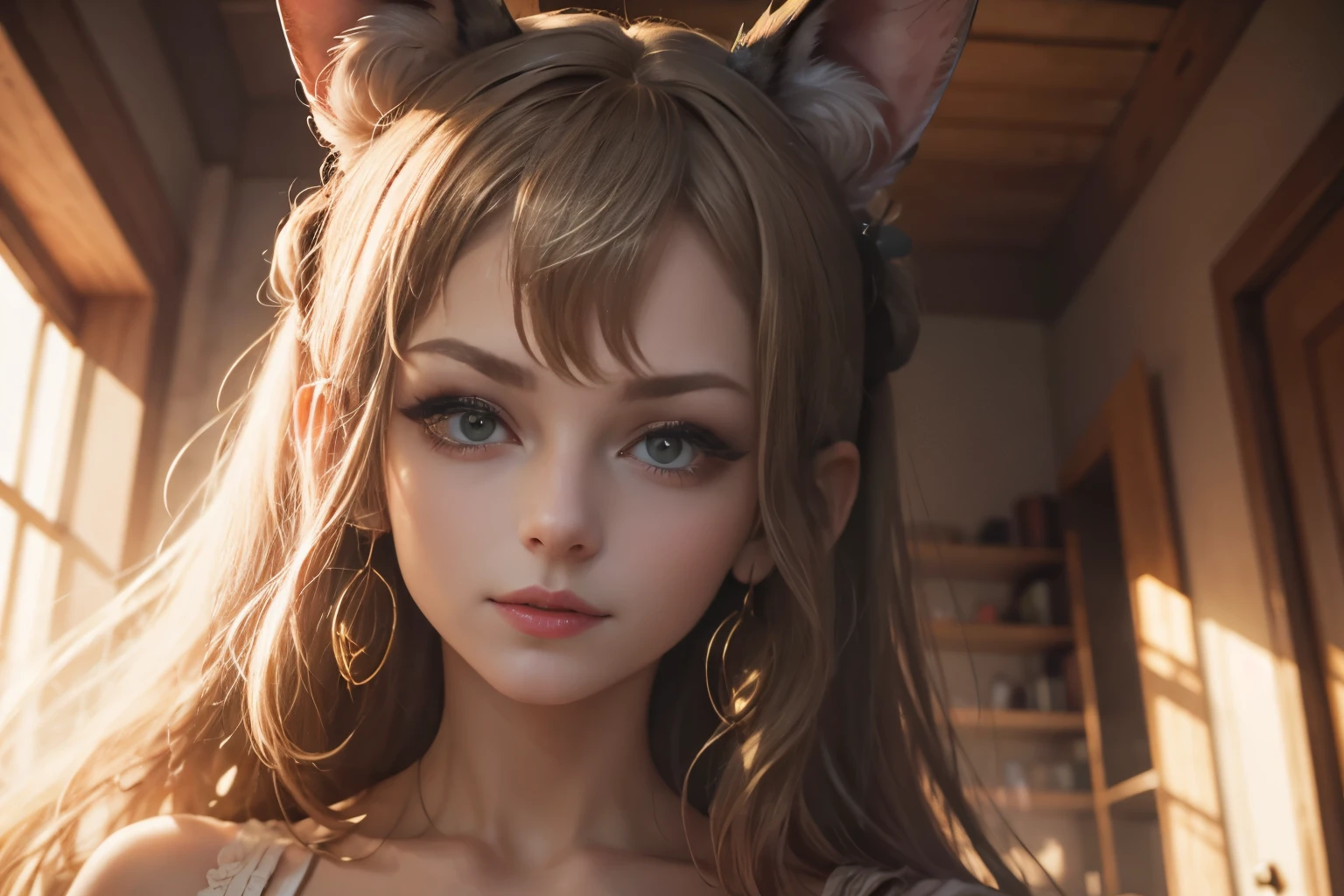 Un visage humain réaliste, une bouche mat, un nez en trompette,  traits de visage durs et froids , des yeux en amande marron, de cheveux longs ondules rouge foncé et grain de beauté au dessus du nez un style cottage y2k