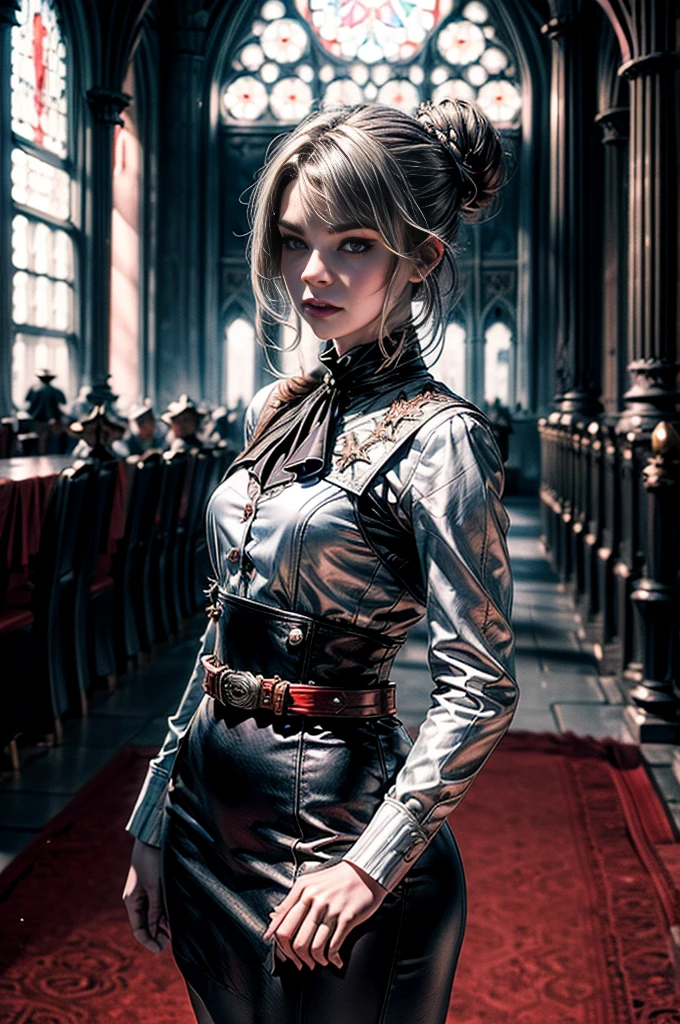 A adult muscle girl in realistic portrait of high quality and detail, 2000's movie style, french girl, dark and mysterious atmosphere, pale skin, glow, eye shadow, 1girl, thriller fantasy, Depth & Perspective, sadness on her face, short silver hair, She has black eyes with red cross-shaped pupils, Mystical powers, french old traditional clothes, fine face, standing on a hill, outside, the royal palace of the 19th century on the background, blue sky, white cloud, looking at viewer, (ultra-high detail:1.2), Masterpiece, Best Quality, Ultra-detailed, Cinematic lighting, 8K, delicate features, cinematic, 35 mm lens, f/1.9, highlight lighting, global lighting –uplight –v 4, cinematic, intense gaze, Cinematic lighting, 8K, high quality, Highest Quality, (Solo Focus), (extremly intricate:1.3), (Realistic), dramatic, masterful, Analog style, (Film grain:1.5), (warm hue, cold tone), a close up of a person surrounded, destruction behind back
