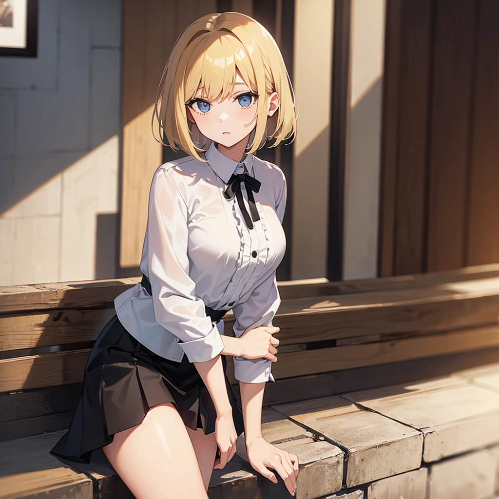 (masterpiece), best quality, expressive eyes, perfect face, blonde hair, short hair, hair details, blue eyes, eyes detail, soft skin, cute face, very smile facial features, beautiful girl, shy, high quality, high resolution, mini skirt, long medium shot,