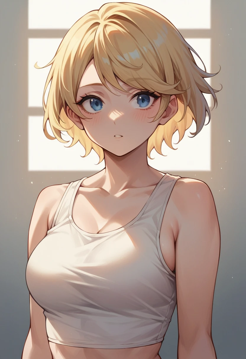 leone, pink short hair, blue eyes, swept bangs, sidelocks, short hair,
leone, blonde hair, wear white tank top, crop top, g cup breast, no scraf, pink short hair 