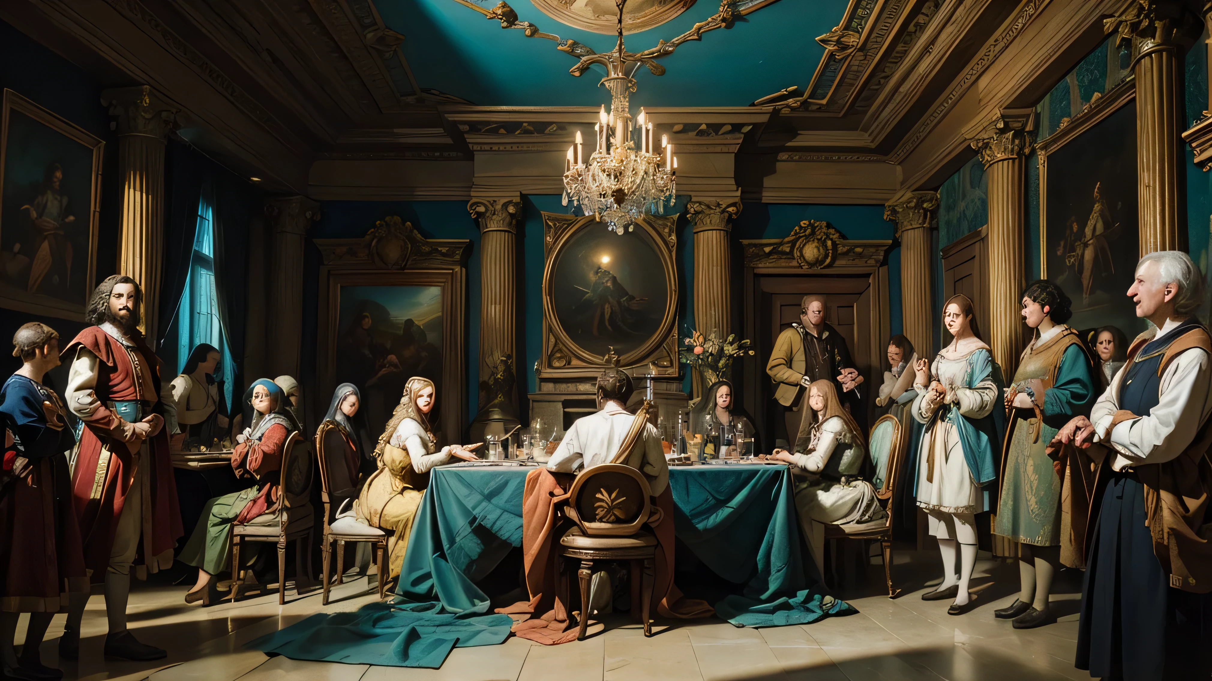 medieval Europe,Aristocratic class,Fancy Dinner,13 men and women,God in the center々Shikai,Sitting around the dining table,Large palace,Masterpiece,high-detail,perfect-composition,face perfect,the golden ratio,8K