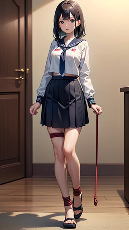 (Highly detailed CG Unity 8k), (best quality)，(Very detailed)，(Ultra-high resolution), 1 female, White cloth gag, , Sailor Suit, Rope bondage, breasts Rope bondage, hands back Rope bondage, leg Rope bondage, Thigh Rope, bust rope, feet rope, Put your arms behind your hips, The wrists are tied, Tie your ankles, Cover your mouth with a white cloth, Dark blue skirt, The rocking horse is too high，My feet can&#39;Unable to reach.., (His feet are on the rocking horse:1.4), Crying face, Stock Quotes, (Black Hair:1.4),