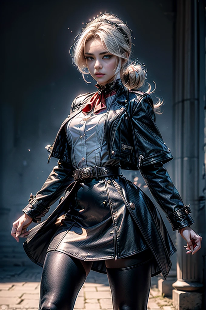 masterpiece,best quality, masterpiece, high detail,detailed face,detailed eyes,rendered eyes,perfect eyes,hip lines,crisp image,detailed,amazing,8k,8k wallpaper,8k background,high detailed skin,high res, (((cowboy shot))), solo, 1girl,looking at viewer,WillowSchnee, white hair tied up in a bun, low on the right side of the back of her head, while her bangs are shaped around the left side of her face and a small, curled lock of hair reaching almost to her shoulders. her attire consists of a black dress, white cravat secured by a silver brooch set with a red stone,  a wide belt around her waist,  black tights and red shoes. serious expression, standing in palace gardens, crowd, (crowd in military dress), (volumetric lighting), sharp focus, hyper detailed 