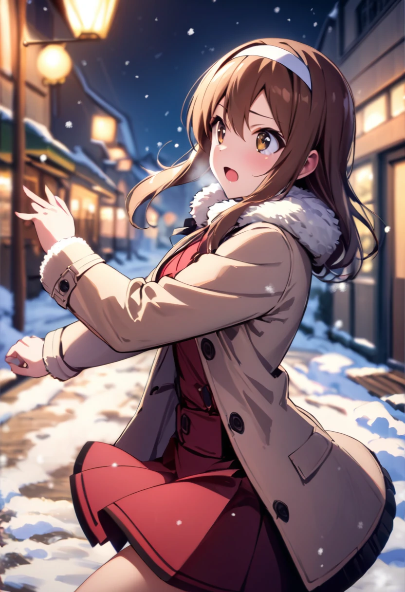 score_9, score_8_up, score_7_up, source_anime, solo, 1girl, masterpiece, best quality, highres booru, 1girl, solo, snowing, snow, beige coat, red skirt, white hairband, aoyama nanami, dynamic pose,long hair