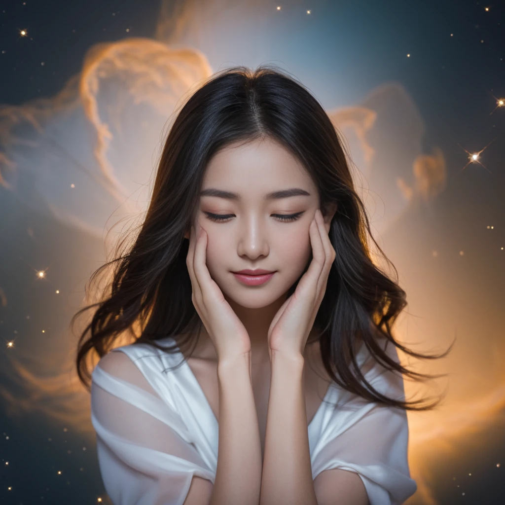 (best quality,4k,highres),beautiful girl with mesmerizing eyes,gorgeous galaxy viewing,sparkling stars,soft cosmic colors,ethereal atmosphere,peaceful serenity,celestial wonders,wonderful universe,stellar beauty,romantic stardust,celestial portrait,cosmic perspective,astounding cosmic art,galactic elegance,transcendent charm,celestial goddess,cosmic enchantment,cosmic girl admiring the magnificent galaxy,cosmic dreamworld,galactic reverie,cosmic masterpiece:1.2, full body, black long cosmic dress, standing, floating , black long hair, knee, smile, closed eyes