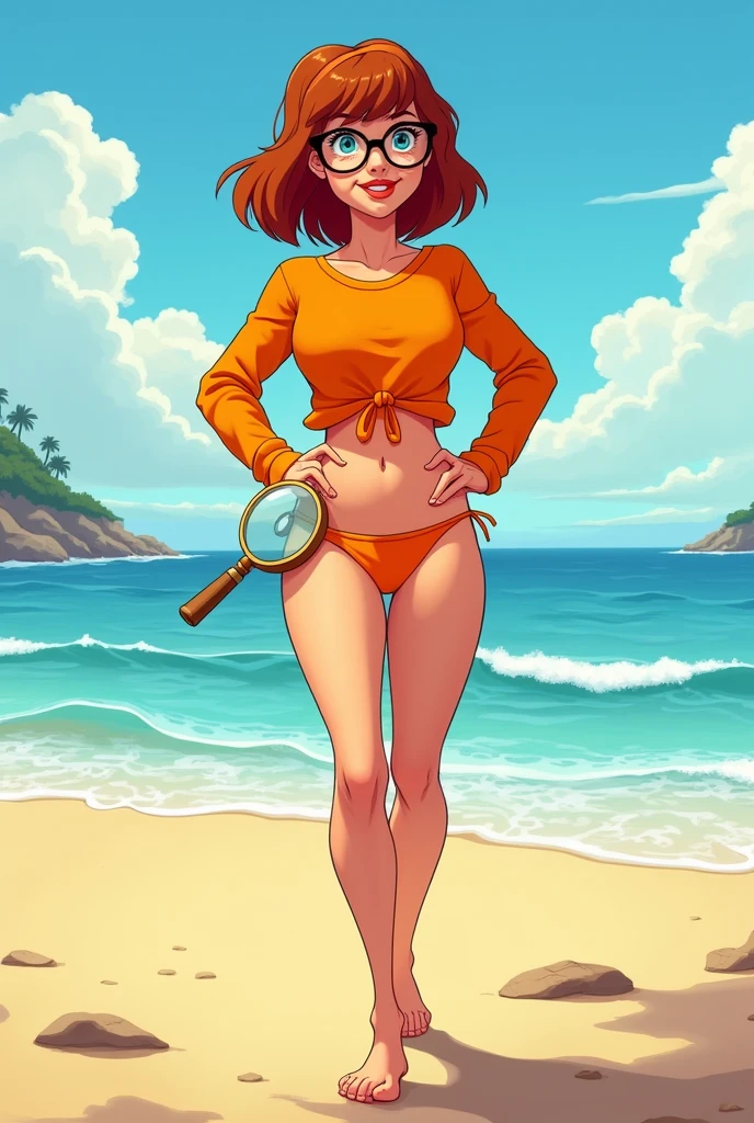 cartoon woman in bikini and hat on the beach with palm trees, menina na praia, em uma praia tropical, mulher na praia, stylized digital illustration, garota, dia ensolarado na praia, em uma praia ensolarada, Clipart, menina do cabelo vermelho, is wearing a swimsuit, menina de cabelos vermelhos, wearing sunglasses and a hat, mulher ruiva