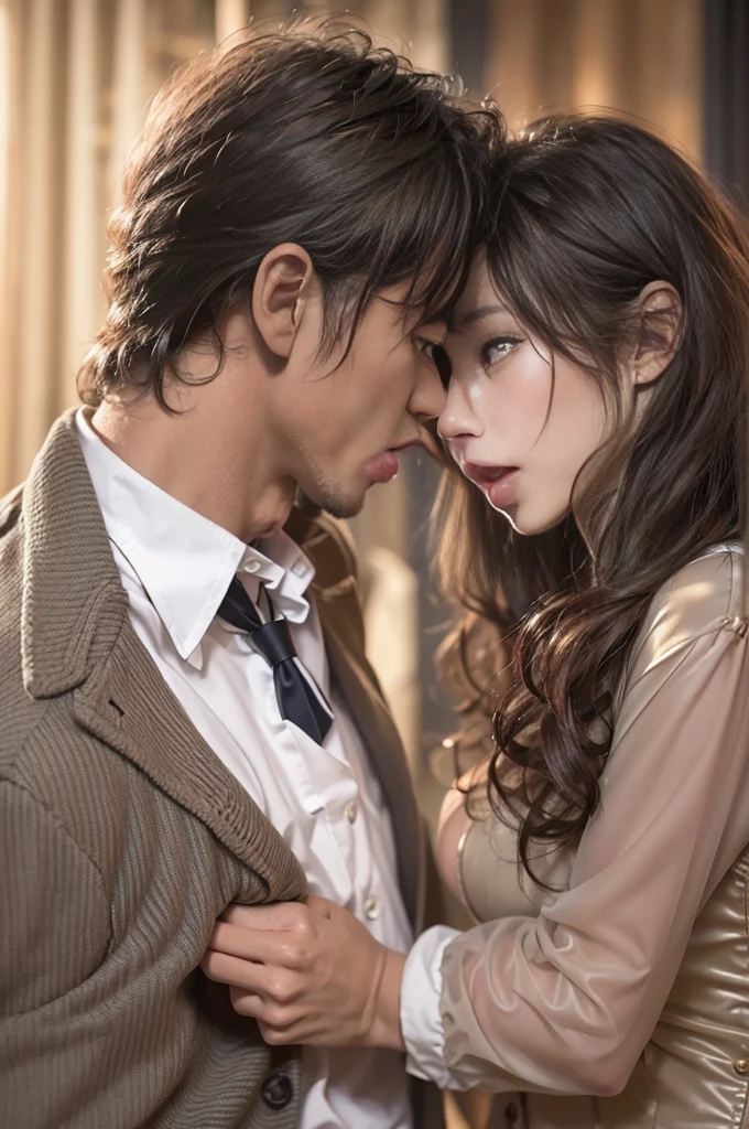 "(nsfw), In an exclusive lounge, dimly lit with soft jazz playing, Masaki Tanaka, age 58,  a well-respected business tycoon, in a tête-à-tête with a beautiful hostess, age 22,  plush velvet upholstery and mahogany setting, in a photorealistic image, cinematic style, Masaki in a perfectly tailored suit, relaxed yet commanding posture, arm around the hostess's slender waist, sharp eyes reflecting golden light, sharing a private joke, hostess in a figure-hugging dress, leaning into Masaki, atmosphere electrifying with charisma, clink of glasses, shared laughter, mutual attraction, intimate yet public setting, 50mm lens, warm and intimate lighting, high resolution 8K, capturing the essence of sophisticated flirtation and elite lifestyle (cinematic style:1.4), (sophisticated flirtation:1.3), (elite lifestyle:1.2)"
