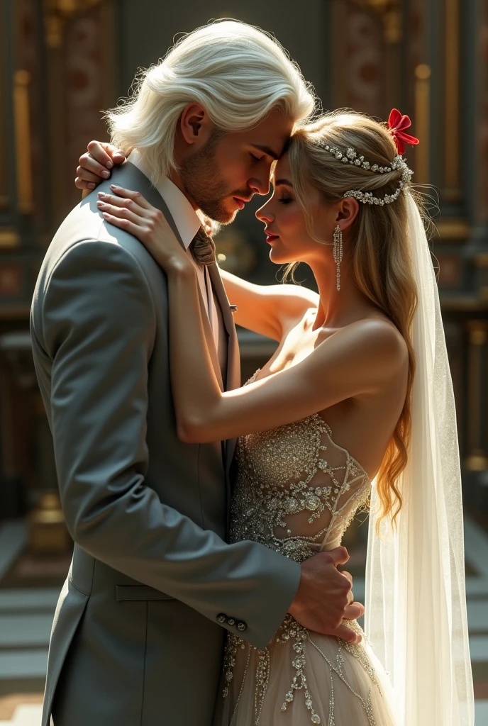 Jared Leto, on one knee, proposes to Dove Cameron who is standing in front of him looking him in the eyes in St Mark's Square in Venice, Jared's hands hold an engagement ring in a jewellery box, they are both happy and in love, sharp focus,  intricate details, realism, high details, style photographic --auto --s2