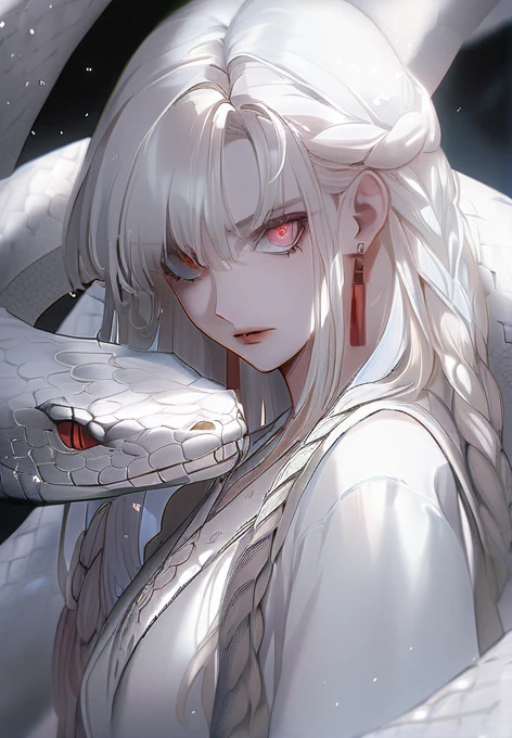 anime girl with white hair and red eyes holding a snake, girl with bright red eyes, bright red eyes and a slit pupil, girl with red snake eyes