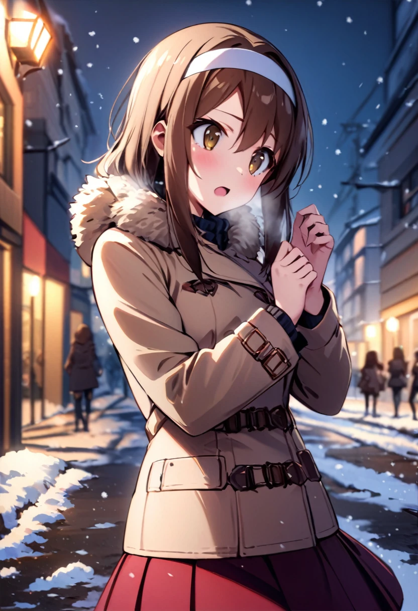 score_9, score_8_up, score_7_up, source_anime, solo, 1girl, masterpiece, best quality, highres booru, 1girl, solo, snowing, snow, beige coat, red skirt, white hairband, aoyama nanami, dynamic pose,long hair