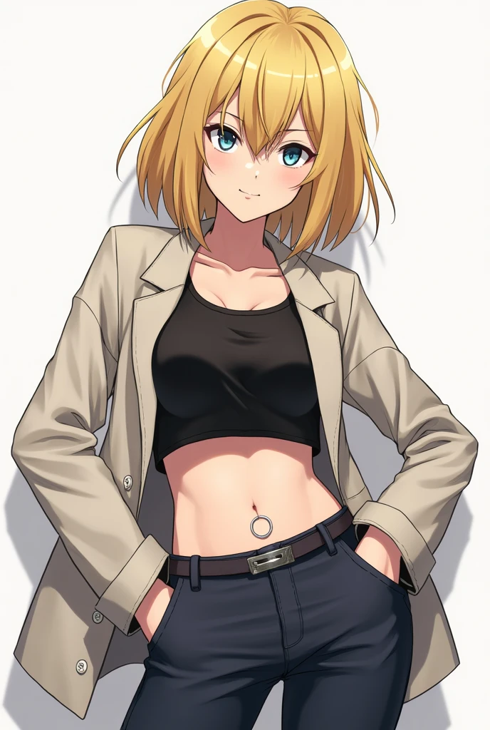 masterpiece, best quality, solid color background,  purple background,  1girl, arms crossed,  smile,  yellow eyes, blonde hair, short hair, topless, big breasts, sarashi, tattoo,  black pants, navel, muscles,  <lora:Middle_Don:1>