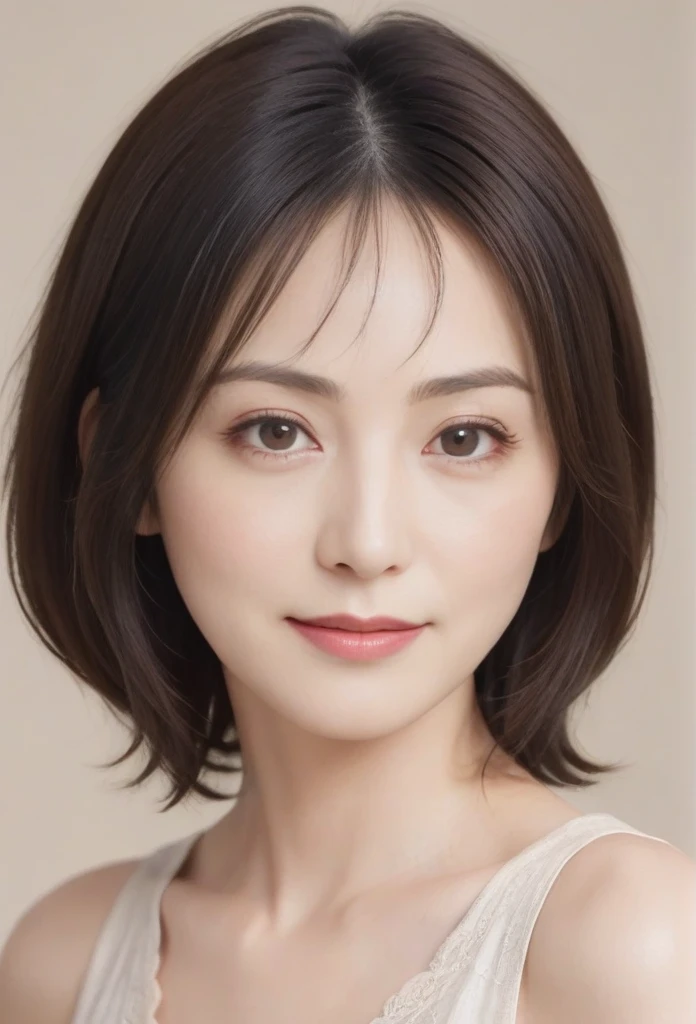 High resolution, Shortcuts, Mature Woman,((Center Parting)),50-year-old women,masterpiece, Highest quality, Ultra high definition, Textured skin, Droopy eyes,Thin lips,black eye,((Mole under left lip, beauty mark)),Thin eyebrows,Thin eyebrows,Japan female in her 60s,Narrow forehead,((Too thin,Too thin eyebrows)),Loose jaw,Low Nose,Deep-set eyelids,Amazing droopy eyes,Slightly droopy thin eyebrows,Small Mouth