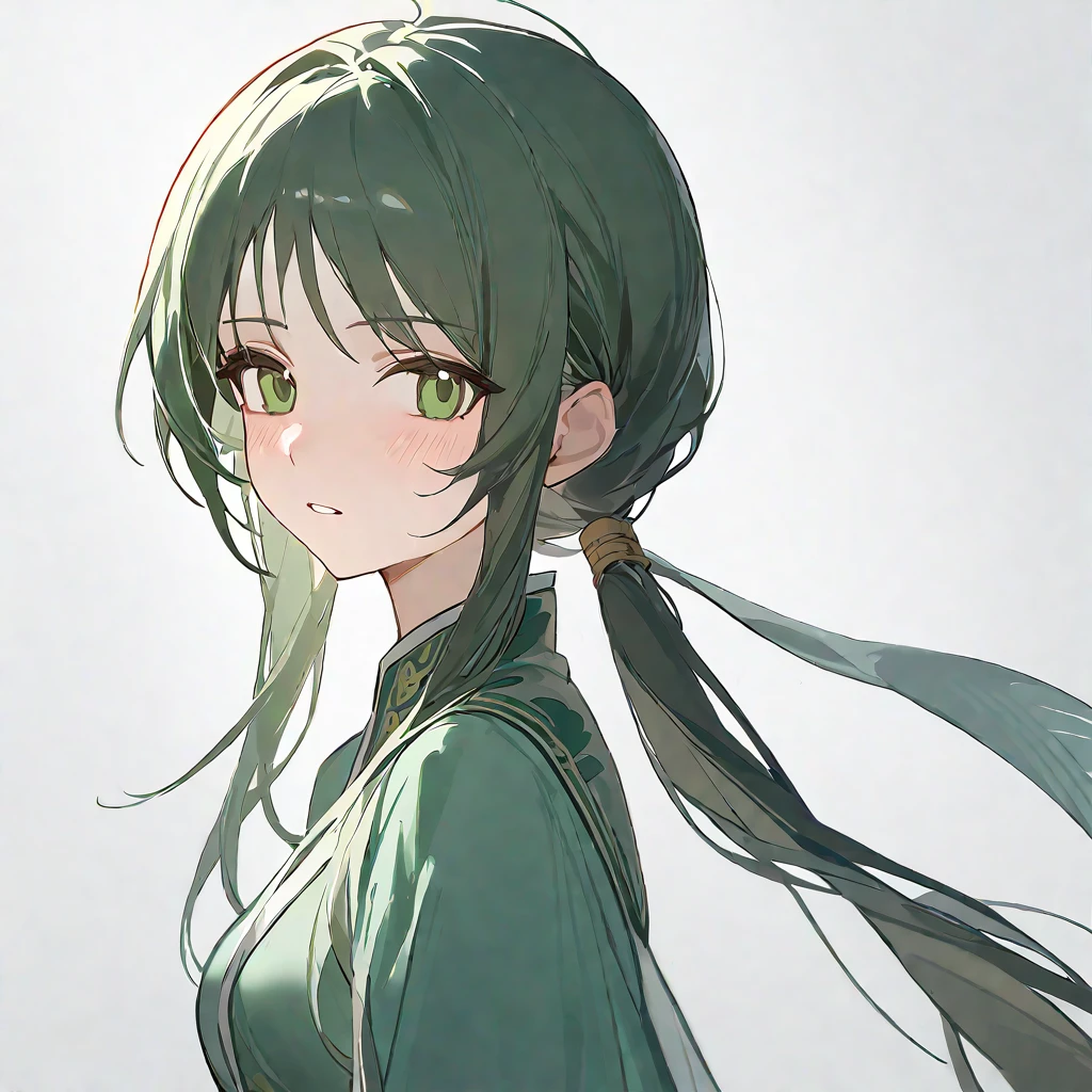 portrait, Low Ponytail，1 Girl, Looking at the audience,Medium breasts, Chinese ancient green clothes ，Three-seven bangs，White background, best quality, excellent quality, lol (lol lwlw), No，Miss, avatar，Long hair，Girl，Moe，cute，