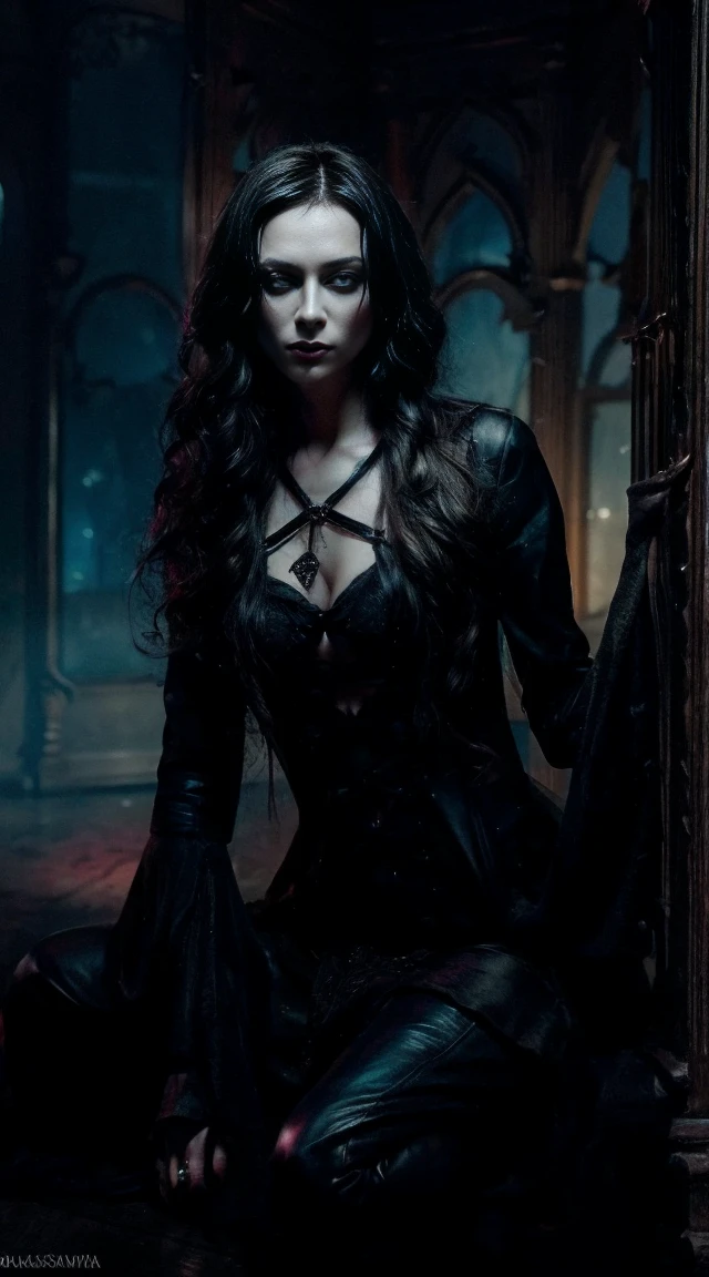 A dark vampire woman, grim reaper, gothic style room, bones on wall, saluting towards camera, dramatic lighting, cinematic composition, chiaroscuro, moody atmosphere, dark fantasy, supernatural, occult, ominous, (best quality,4k,8k,highres,masterpiece:1.2),ultra-detailed,(realistic,photorealistic,photo-realistic:1.37),HDR,studio lighting,extreme detail description,professional,vivid colors
