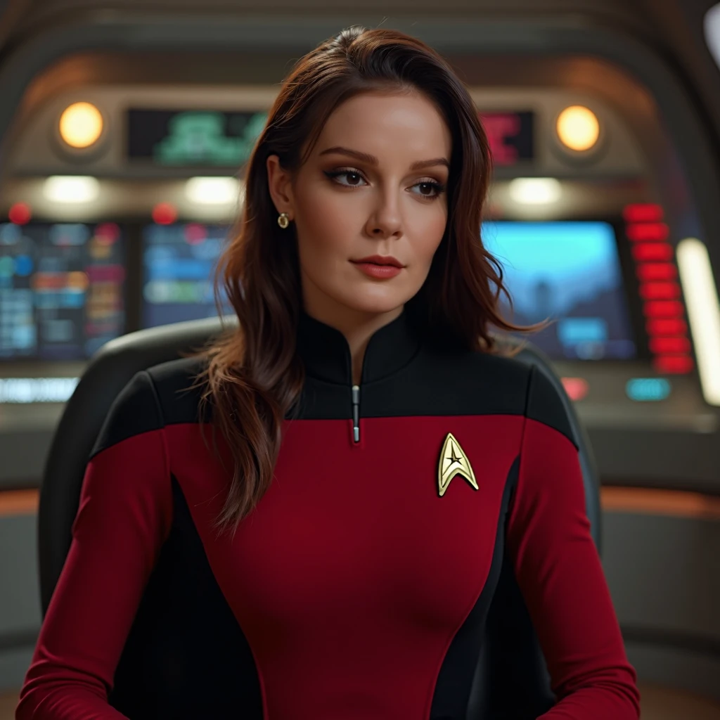 (Thirty year old) woman, on a starship, dressed in Star Trek uniform, red tosunfm, star Trek, vibrant colours, beautiful legs, small breasts, dreamy photo, dynamic pose, looking straight at camera, detailed eyes, soft expression, flirty, slight smile, Canon, lens flare, (Detailed features::1.2), real life. Hayley Atwell