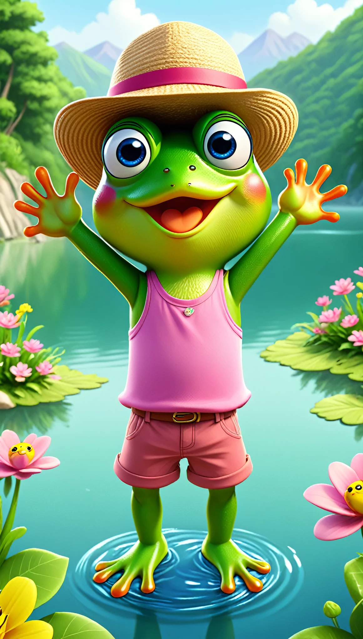 cute froggy, cartoon, arms, hands ,cute eyes, looking at viewer, arms up, flawless, lake, flowers, hat, clothes, pink shirt, shorts