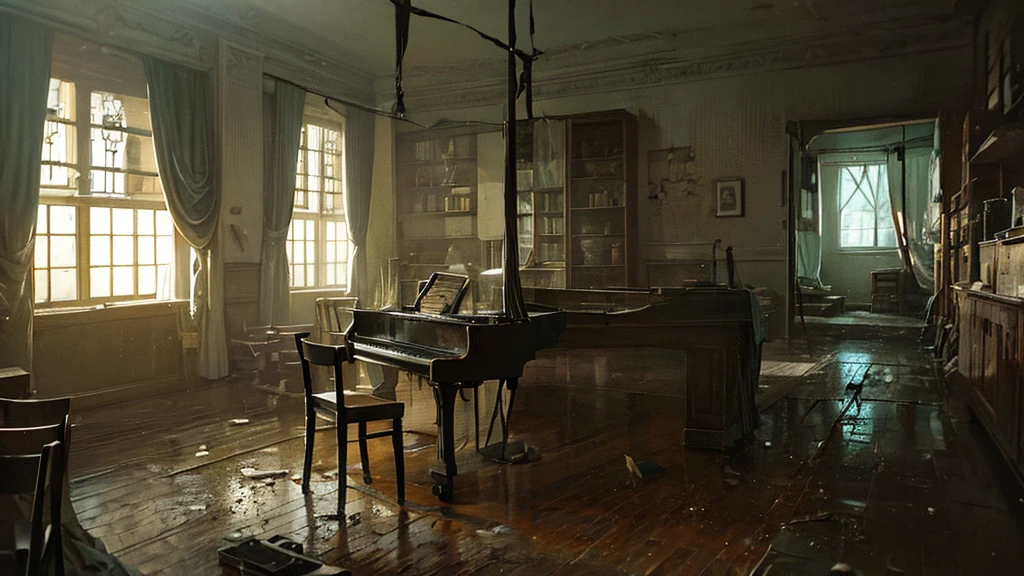 In a dimly lit and weathered room, there was an old grand piano covered in dust, with chipped walls and cracked windows, which allowed dim light to filter in. The atmosphere was eerie, as if devastated by war, as if the room had been abandoned for years, harboring echoes of forgotten melodies. Shadows dance on the floor, and the silence is almost palpable, giving it a gripping post-apocalyptic atmosphere. The perfect place for a dark, dystopian music video or artwork.