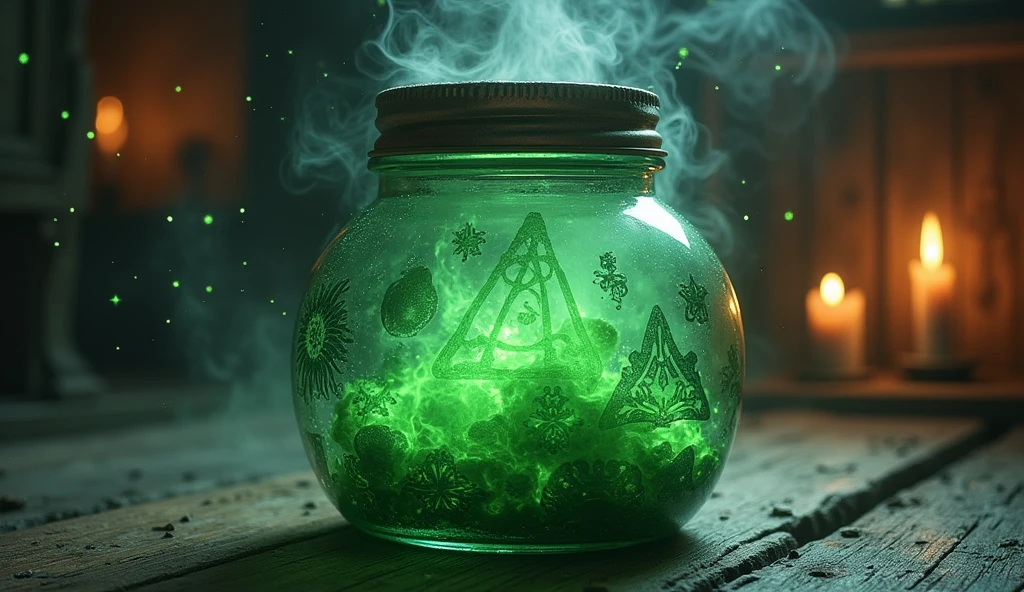 I want a grimoire, with a symbol of a vial with a green powder inside and a skull, with an aura around the cover