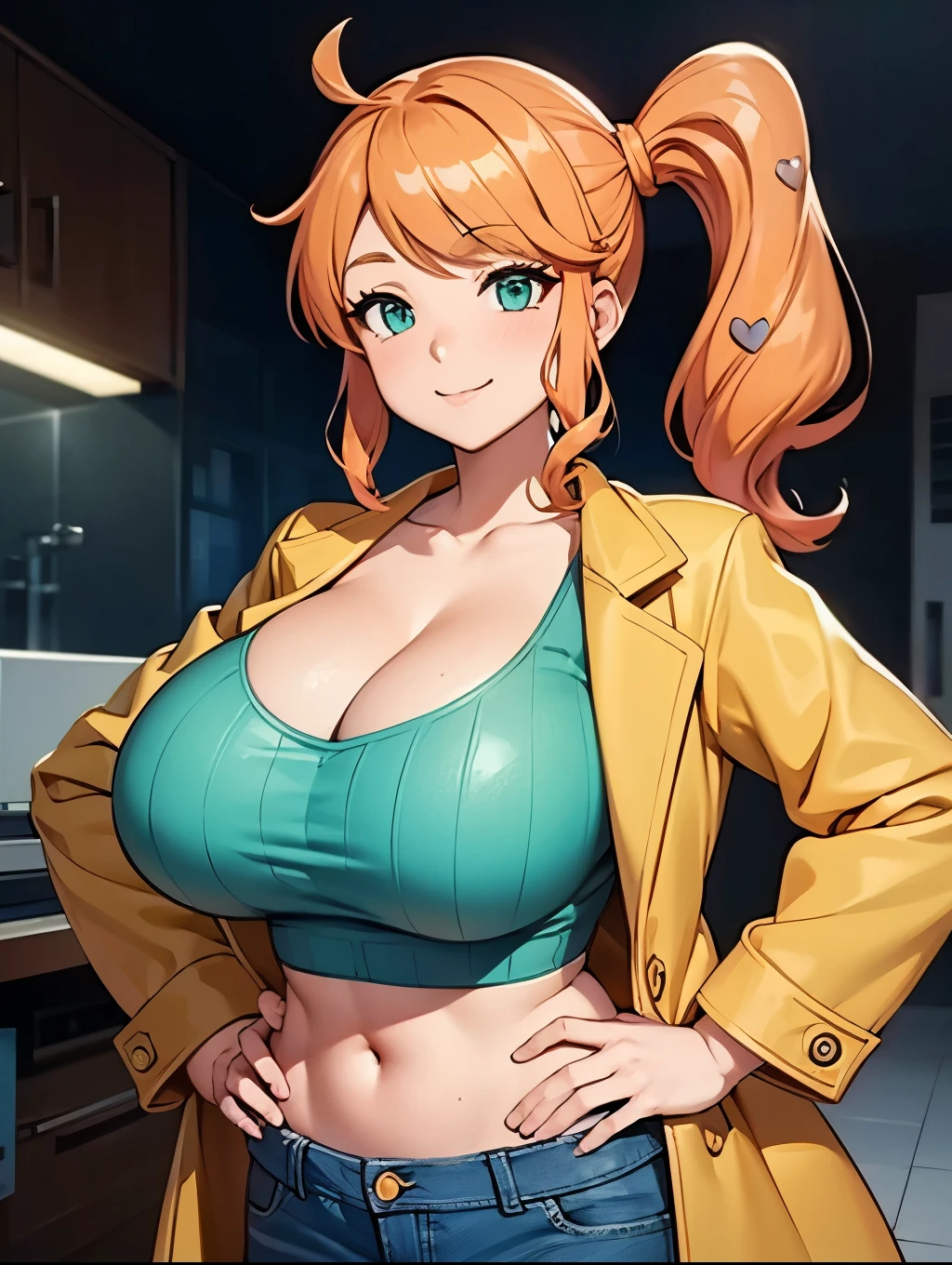 Perfect CG unity 8K UHD wallpaper, Perfect CG unity 8K UHD wallpaper, sonia, side ponytail, cowboy shot, 1girl, solo, collarbone, (green top), croptop, aqua eyes, orange hair, heart hair ornament, looking at viewer, smile, solo, long hair, brown coat, research lab, light smile, cleavage, jeans, huge breasts, oversized coat, midriff, hands on hip