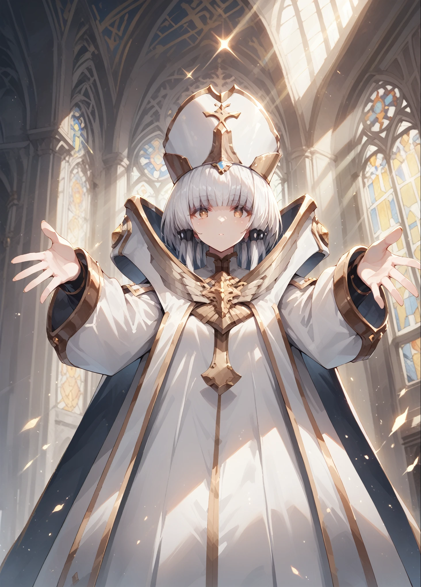 core_9, score_8_up, score_7_up, source_anime, 1girl, solo, looking at viewer, indoors, church, from below, outstretched arms, arcana, white hair, gold eyes, blunt bangs, hair tubes, short hair, long locks, white headwear, cape, white sleeves, long sleeves, cross, jewelry, forehead jewel, rays of light fall from above, giving the painting an atmosphere of divinity, full body, a little bit more mouth, big expressive mounth, all fingers are visible, bare walls, on the chest there is a shield emblem