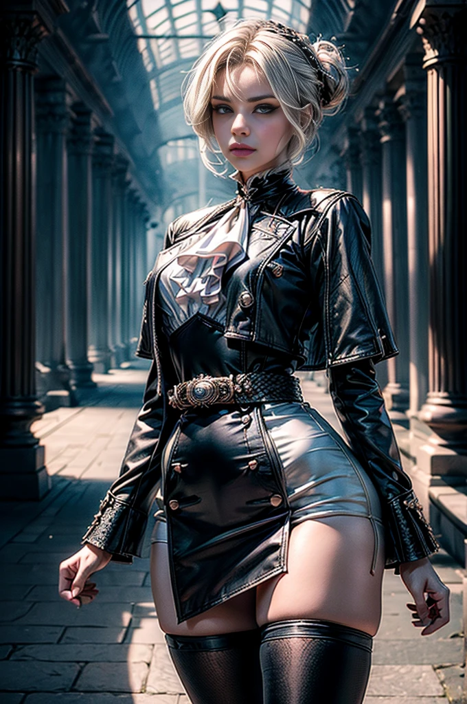 masterpiece,best quality, masterpiece, high detail,detailed face,detailed eyes,rendered eyes,perfect eyes,hip lines,crisp image,detailed,amazing,8k,8k wallpaper,8k background,high detailed skin,high res, (((cowboy shot))), solo, 1girl,looking at viewer,WillowSchnee, white hair tied up in a bun, low on the right side of the back of her head, while her bangs are shaped around the left side of her face and a small, curled lock of hair reaching almost to her shoulders. her attire consists of a black dress, white cravat secured by a silver brooch set with a red stone,  a wide belt around her waist,  black tights and red shoes. serious expression, standing in palace garden, hedge maze, crowd, (crowd in military dress), (volumetric lighting), sharp focus, hyper detailed 