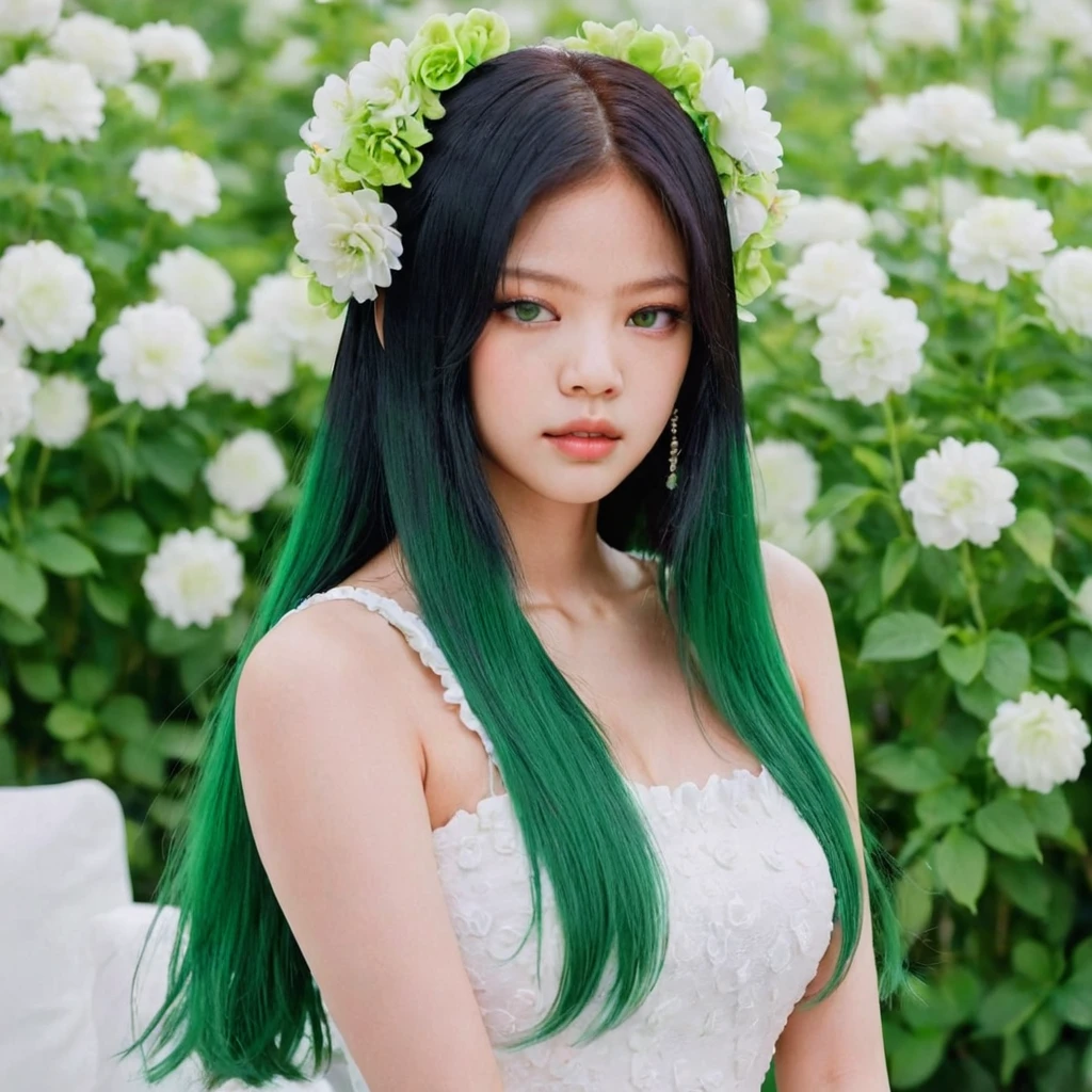 Asian girl black hair with bright green hair. White dress with flowers, jennie the blackpink, green eyes, thin skin, adorable face, jennie the blackpink. 