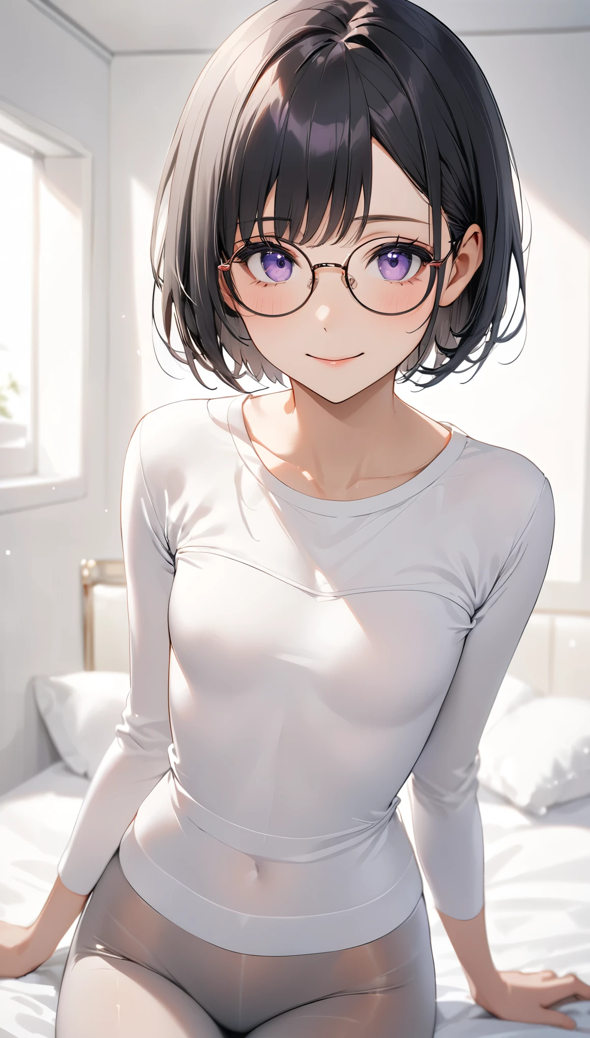 Highest quality、Best image quality、masterpiece、Anime Style、a girl、Beautiful Eyes、black hair, purple eyes、pixie cut、(flat chest)、slender、Tight waist、Round Glasses、Cute face、Natural smile, Tiny underwear, In a white-themed room、upper body, Sit on the bed、Shallow depth of field、