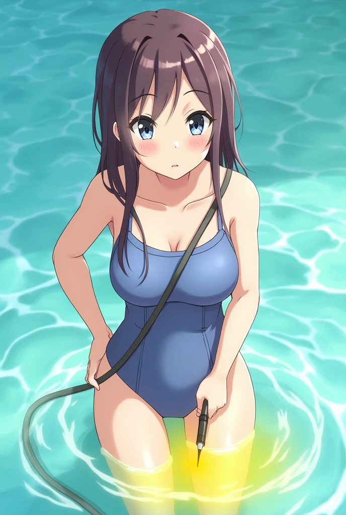 (masterpiece, highest quality, super detailed) (minato:1.5), (slim:1.7), side ponytail, pool, (huge breasts:1.4), raised, Wet , Sweat,  beautiful face, (Big eyes:1.5), cute,  fog, (slingshot swimsuit:1.3),  (election of nipples:0.5), (latex:0.2), from below, cameltoe, Realistic swimwear,