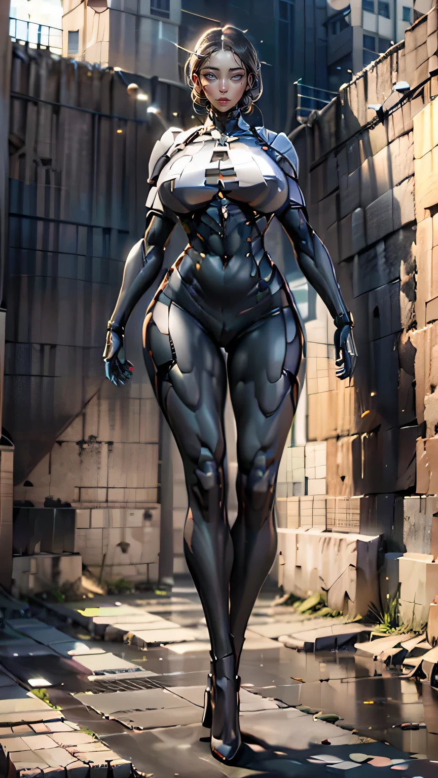 masterpiece, best quality, full body standing, extremely busty, high gold platform pumps, very long legs, large breasts, thicc, raytraced, realistic lighting and shadows, perfect hands, white gold and black carbon fiber integrated cybernetic spacesuit, cameltoe, hoop earrings, 1girl, brunette, lewd ahegao face, cyberspace_background, exo, extremely detailed body, 