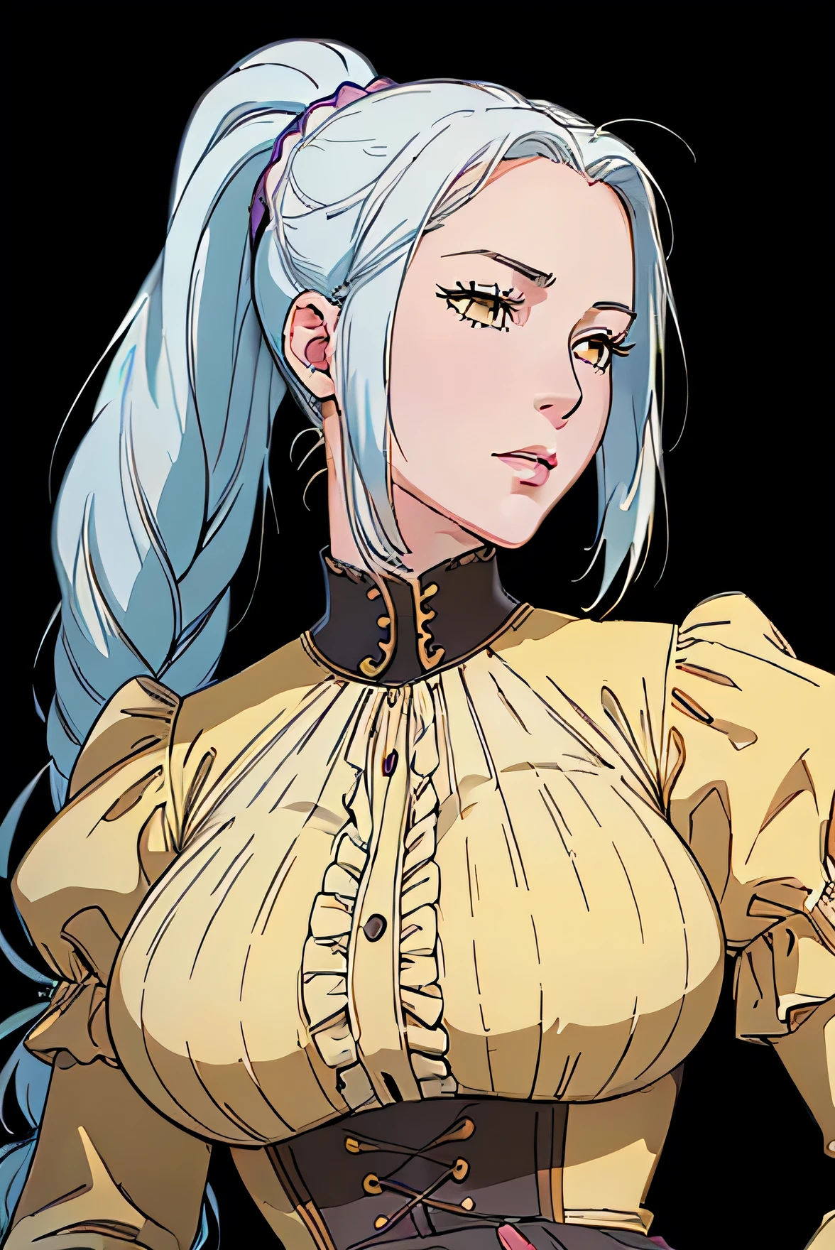 Cute Farmgirl with Braids. ((White haired woman, 30years, ponytail hair)), Perfectly round face. Beautiful cute face, Big beautiful voluptuous lips, charming beauty, ((gentle expression on your face)), ((beautiful yellow eyes, gold eyes, large and detailed)), Waist slender, Broad Hips ((Yellow dress with ruffles, modest dress, very high neckline)) (highy detailed)),offcial art, Award-winning digital painting, digital illustration, extreme detail, 4K, ultra HD, Rococo, polished, Intricate, realistic fantasy art, sharp focus, conceptual artwork, arte por WLOP, artgerm, (2D vector illustration) Light, airy, hourglass figure. ellie bamber