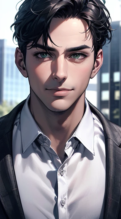 (best quality,4k,8k,highres,masterpiece:1.2),ultra-detailed,(realistic,photorealistic,photo-realistic:1.37),1 man,3,mature man,very handsome,without expression,smile,short grey black hair,green eyes,penetrating gaze,perfect face without errors,imposing posture,businessman,office background,cinematic lighting,hdr image