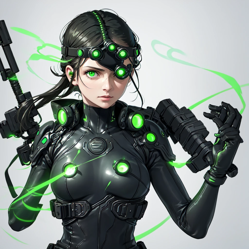 nvg, goggles on head, green eyes, glowing, glowing eyes, simple background, 1 woman, solo, ((upper body, face and shoulder portait)),  death stranding, metal gear