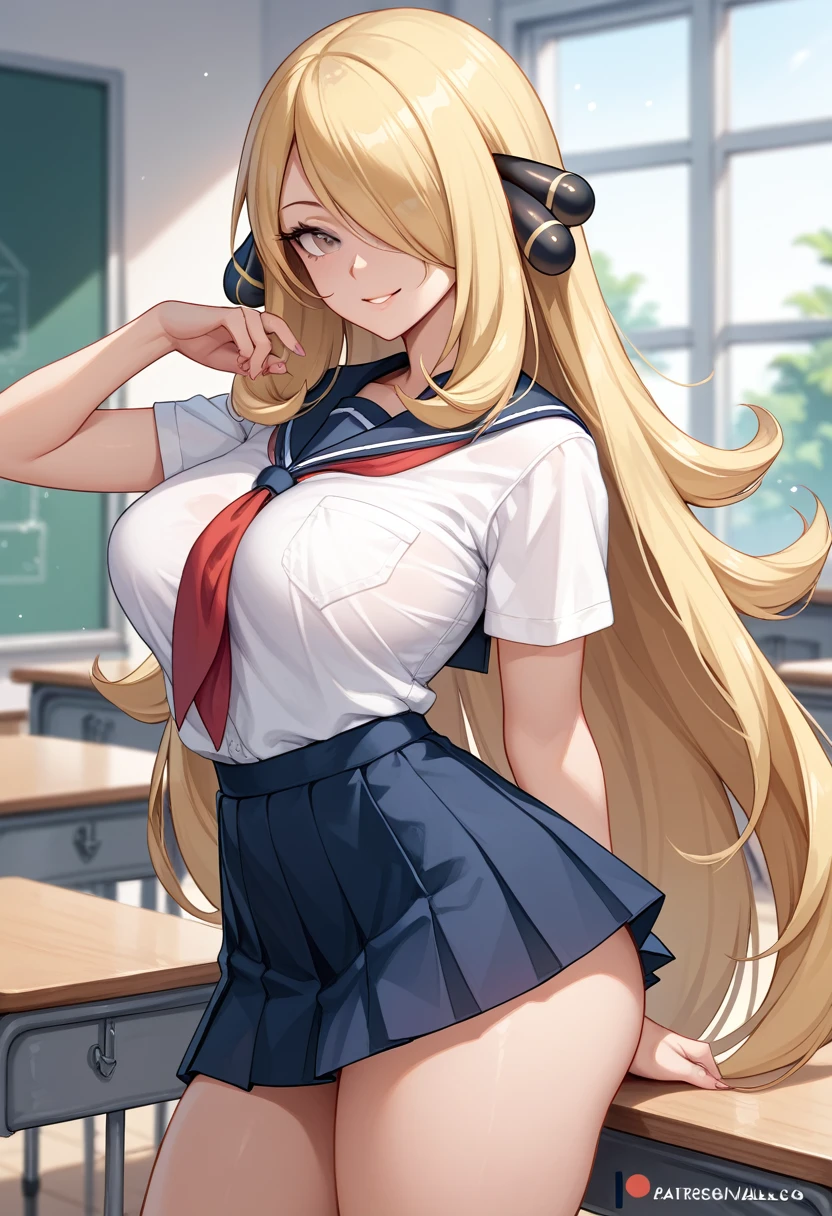 Cynthia - Pokemon Female,Photograph the whole body,Big Breasts,smile,fun,happiness,,sexy pose,Big Breasts, school uniform,Big Butt